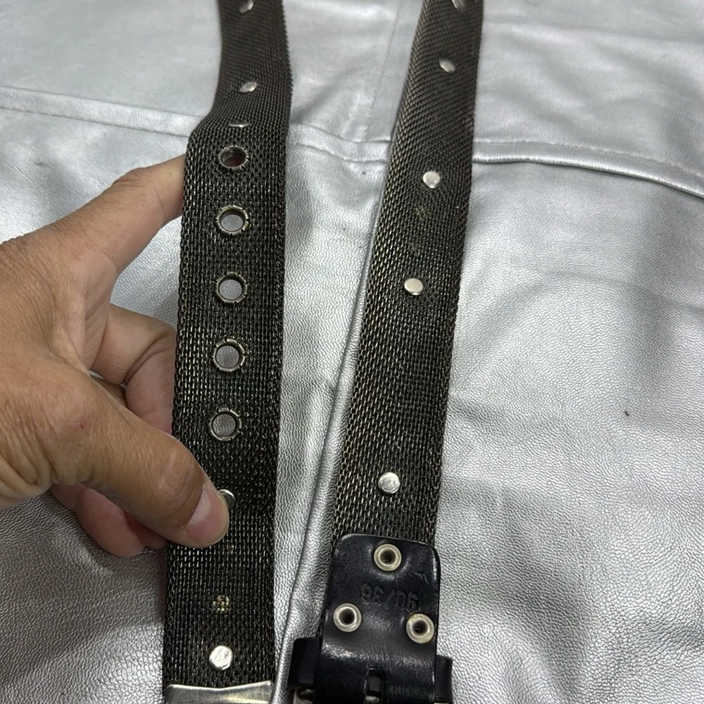 (H) Vintage silver mesh belt Belt with leather inserts and rivets, Y2K
